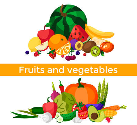Set of fresh healthy vegetables, fruits and berries isolated. Slices of fruits and vegetables. Flat design. Organic farm illustration. Healthy lifestyle vector design elements.のイラスト素材