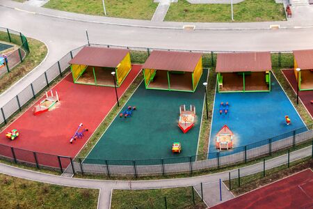 Aerial view children playground and sport activities residential area people community