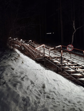 Wooden stairs in winter forest at night with red warning sign.の写真素材