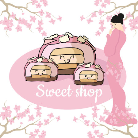 Fragrant delicious sponge pink cake with nuts on topのイラスト素材