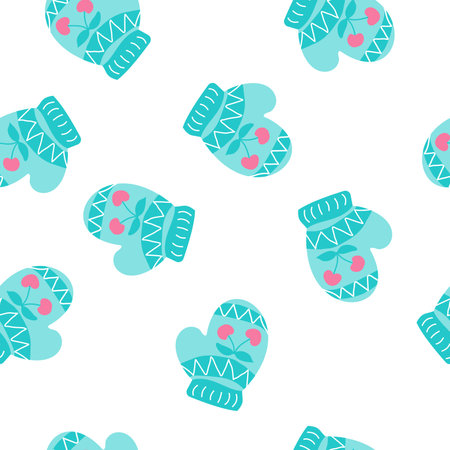 patternWinter pattern of turquoise mittens with cherriesのイラスト素材