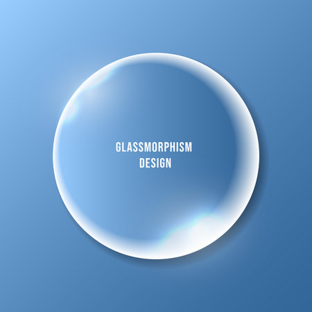 A circular glassmorphism design on a blue background. The frosted glass effect with smooth reflections and shadows creates a soft, elegant, and modern look with depth and transparency.のイラスト素材