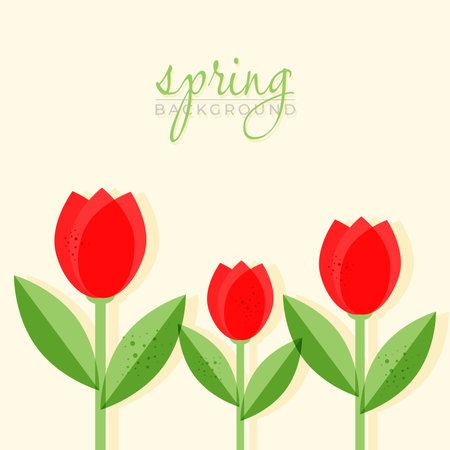 Bright red tulip shapes with layered shading and green leaves on a light background create a clean and cheerful composition. A fresh decorative layout suitable for seasonal themes and greeting visuals.のイラスト素材