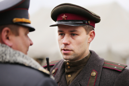 Belarus, Gomel, November 21, 2016, Reconstruction of the battle of the Second World War. Soldat of...