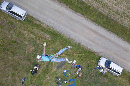 Belarus, Gomel, May 06, 2017.Jumping with a rope.Extreme man jumping from a huge height.Jumping with...