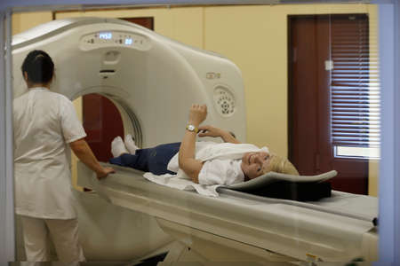City of Gomel, Belarus May 31, 2017.Main medical hospital.An unknown woman is made magneto-resonant...