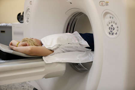 City of Gomel, Belarus May 31, 2017.Main medical hospital.An unknown woman is made magneto-resonant therapy.Medical examination of the bodyのeditorial素材