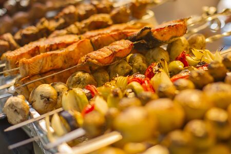 Veggie shashlik from fish and vegetablesの写真素材