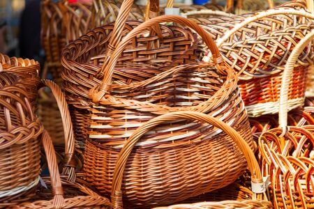 Wicker baskets made of strawの写真素材