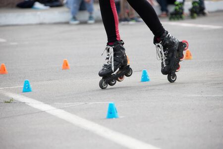 Competitions in roller sport.Roller skates and special chips