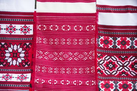 Embroidered Belorussian towels. Embroidery. National pattern.Slavic ornament on fabrics and towelsの写真素材