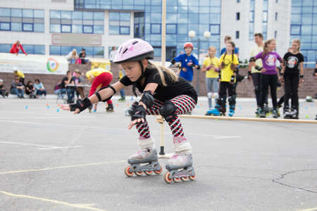 Belarus, Gomel, June 24, 2018. Central Park. Children's competitions in roller skatesのeditorial素材