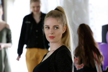 Belarus, the city of Gomel, June 15, 2017. Chabarok restaurant, birthday celebration project new style. Portrait of a model girl on the show.Elegant blondeのeditorial素材