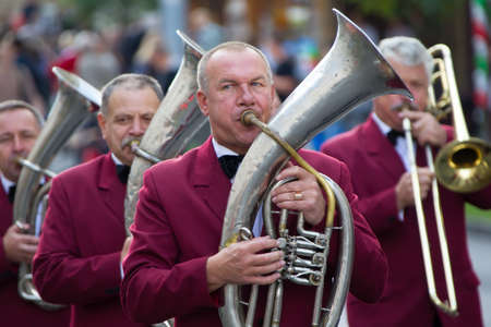 Belarus, Gomel, September 16, 2017. Celebrating the city day.The musician plays the tuba. Brass band. Musicians trumpeters perform musicのeditorial素材