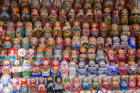 Moscow, June 08, 2018. Central market.Background of colorful Russian dolls on the market.Russian traditional Matryoshka souvenirs at the fairのeditorial素材