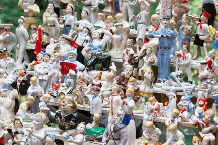 Russia, Moscow, Izmaylovsky Park, August 27, 2017. International Photo Festival.Earthenware figurines. Ancient faience figurines. Russian faienceのeditorial素材