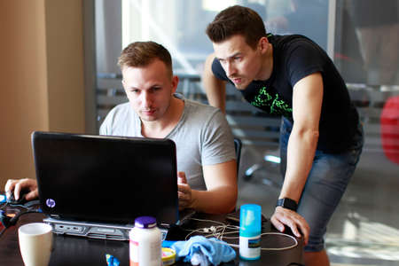 Belarus Minsk 06 August 2016 The Park of High Technologies. Competitions programmers.Men discuss...