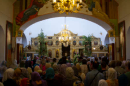 Belarus, the city of Gomil, April 1, 2018. City church. Palm Sunday.Many people in the temple celebrate Palm Sunday. Orthodox believers. A crowd of residents in the church.のeditorial素材