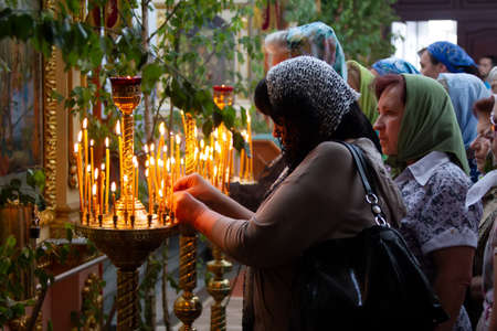 Belarus, the city of Gomil, April 1, 2018. City church. Palm Sunday.Believers in the church in...