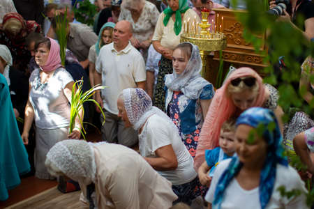 Belarus, the city of Gomil, April 1, 2018. City church. Palm Sunday.Many people in the temple...