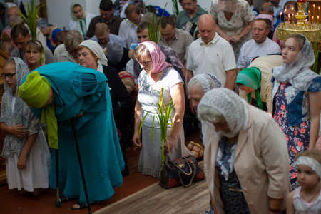 Belarus, the city of Gomil, April 1, 2018. City church. Palm Sunday.Many people in the temple...