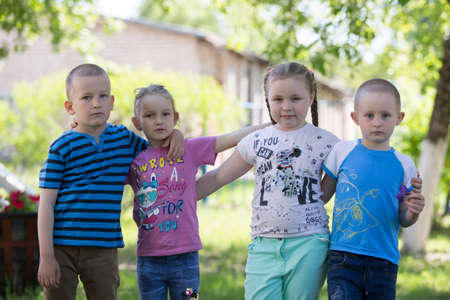 Belarus, the city of Gomil, April 26, 2019. Kindergarten on the street.Group of preschoolers children on the street. Children from kindergarten for a walk.のeditorial素材