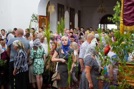 Belarus, the city of Gomil, April 1, 2018. City church. Palm Sunday.Many people in the temple...