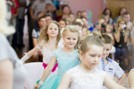 Belarus, the city of Gomil, May 30, 2019. Kindergarten city.A group of smart Russian children in a kindergarten at a matinee.のeditorial素材