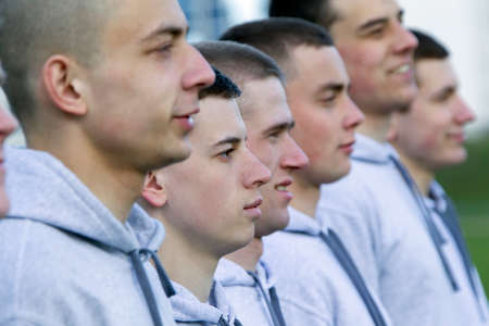 Belarus, the city of Gomil, April 12, 2017. Many male faces in profile. A large group of young guys....