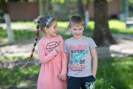 Belarus, the city of Gomil, April 26, 2019. Kindergarten on the street.Cheerful children from...