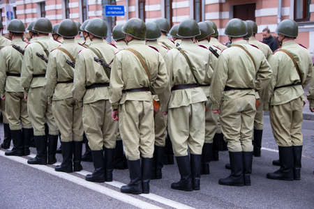Belarus, the city of Gomel, May 9, 2019. Holiday Victory Day.Build soldiers in the form of World War II.のeditorial素材