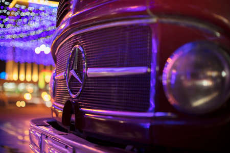 Belarus, the city of Gomel, December 18, 2019. Mercedes logo on a retro car.
