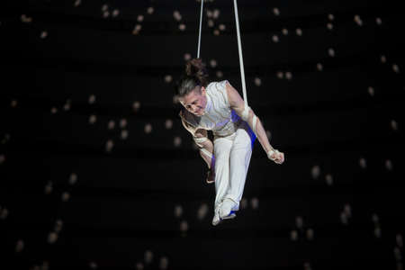 Belarus, Gomil, February 16, 2019. State Circus. Program Bravo Bravissimo. Aerial acrobat performs a...