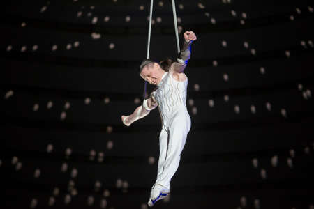 Belarus, Gomil, February 16, 2019. State Circus. Program Bravo Bravissimo. Aerial acrobat performs a...