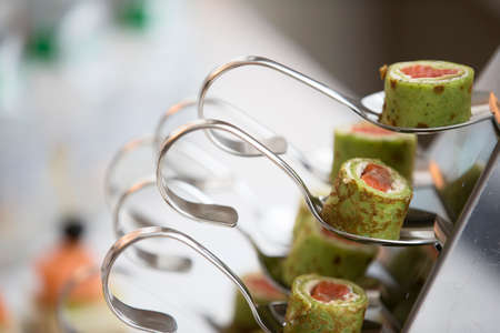 Buffet Snack Food.Snack food for a buffet table. Rolls with fillingの写真素材