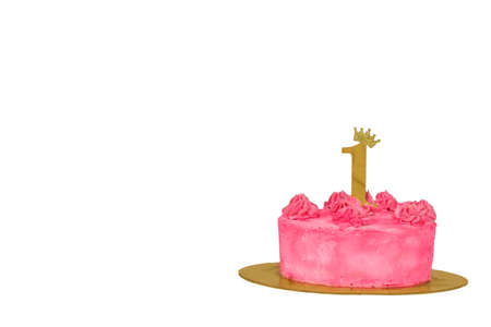 Background pink cake with the number 1 on a white background. First birthday.