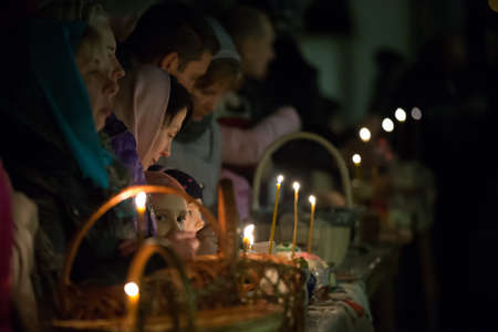Belarus, the city of Gomel, April 15, 2017. Church Prudkovskaya. Orthodox Easter. People light eggs...
