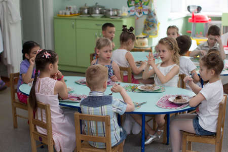 Belarus, Gomel, May 29, 2018. The kindergarten is central. Open Day.Eat in the kindergartenのeditorial素材