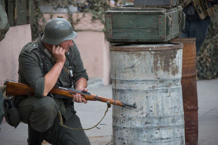 Belarus, Gomel. May 9, 2018. Victory Day. Historical reconstruction in 1945, capture of the...
