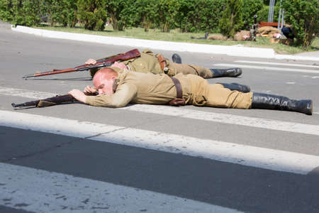 Belarus, Gomel. May 9, 2018. Victory Day.Historical reconstruction in 1945, capture of the...