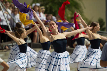 Belarus, the city of Gomel, May 9, 2018. Holiday Victory Day. Central Park.Beautiful girls dancing...