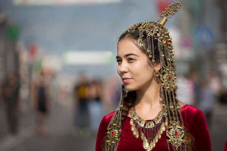 Belarus, the city of Gomel, September 15, 2018. Holiday City Day. Central Park.Turkmen woman in national costumeのeditorial素材