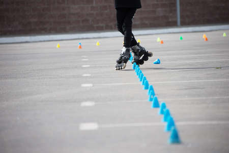 Competitions in roller sport.Roller skates and special chipsの写真素材