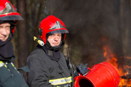 Belarus, the city of Gomil, April 06, 2017. Forest. Firefighters extinguish a fire. Male...