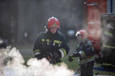 Belarus, the city of Gomil, April 06, 2017. Forest. Firefighters extinguish a fire. A team of...