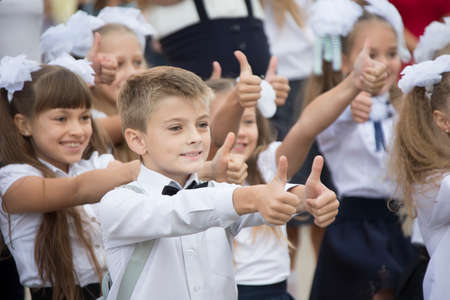 Belarus, Gomel, September 1, 2018. The holiday began school.Joyous school children classmatesのeditorial素材