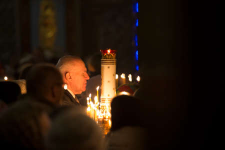 Belarus, Gomel, January 7, 2018. The central church, the Feast of the Nativity. A crowd of people in...