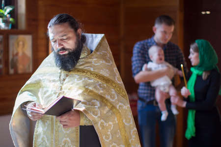 Belarus, Gomel, September 17, 2018. Prudkovsky church. The baptism of the child.An Orthodox priest...