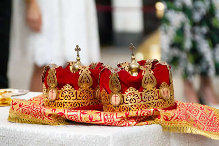 Church headdress for orthodox wedding.church rite of baptismの写真素材