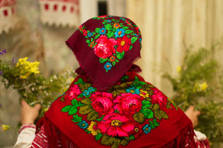 Belarus, the city of Gomil, September 23, 2017. Reconstruction of the rite. Woman in a Russian scarf rear view.のeditorial素材